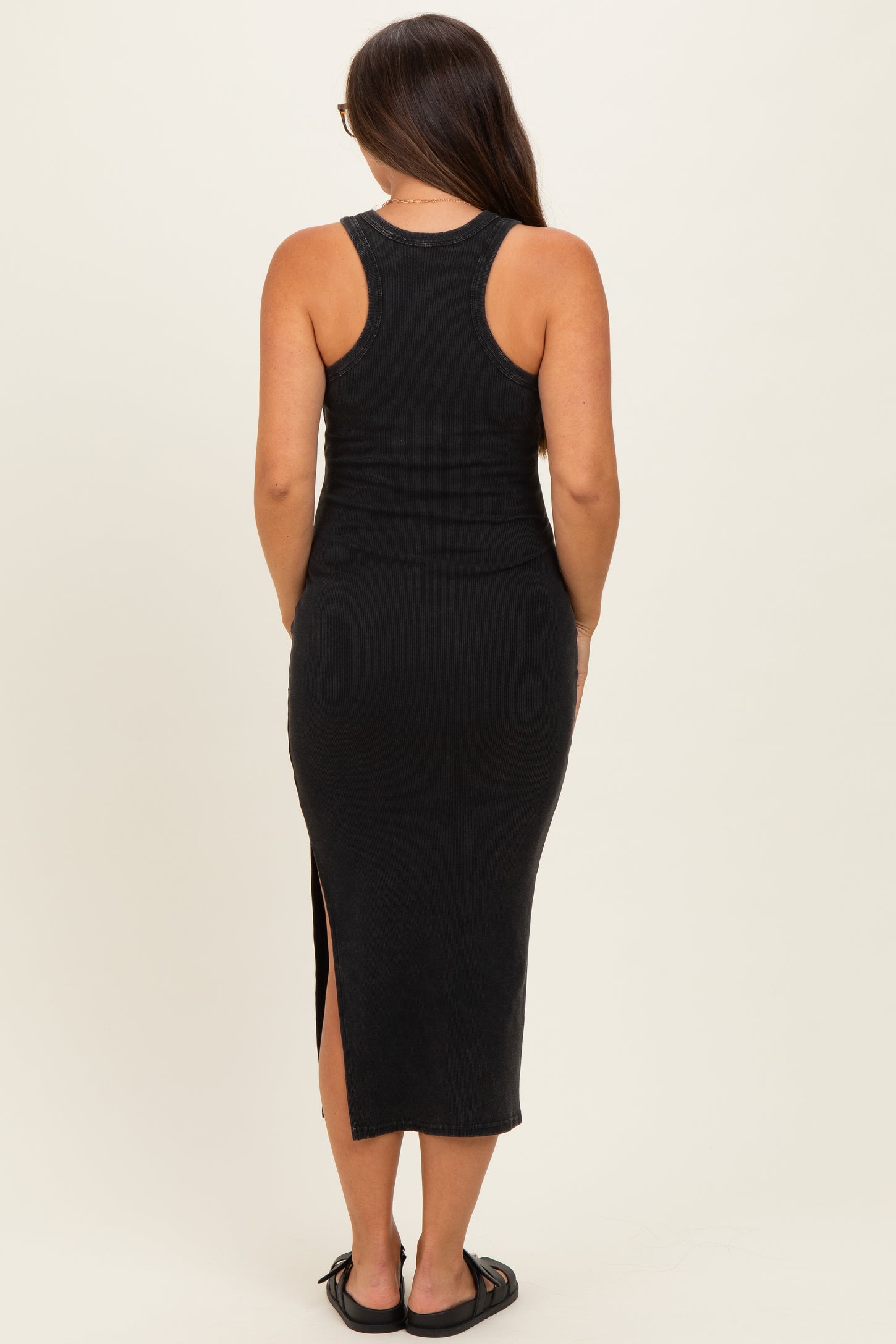 Black Acid Washed Ribbed Maternity Midi Tank Dress Black Acid Washed Ribbed Maternity Midi Tank Dress