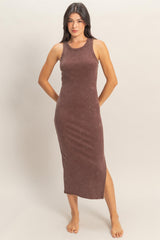 Brown Acid Washed Ribbed Midi Tank Dress