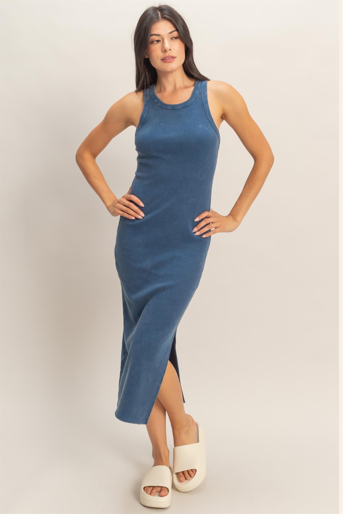 Navy Acid Washed Ribbed Midi Tank Dress Navy Acid Washed Ribbed Midi Tank Dress