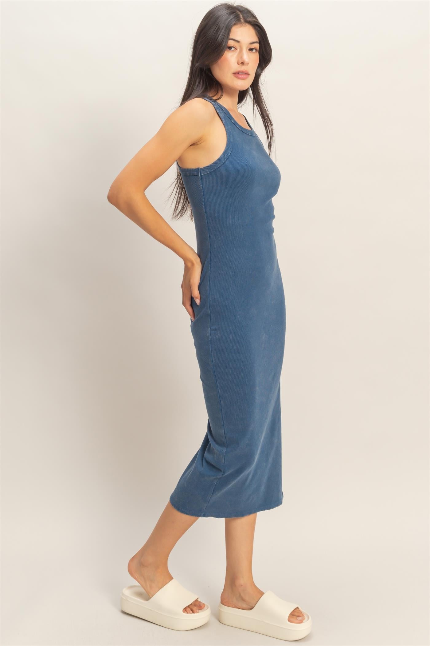 tank dress midi Navy Acid Washed Ribbed Midi Tank Dress