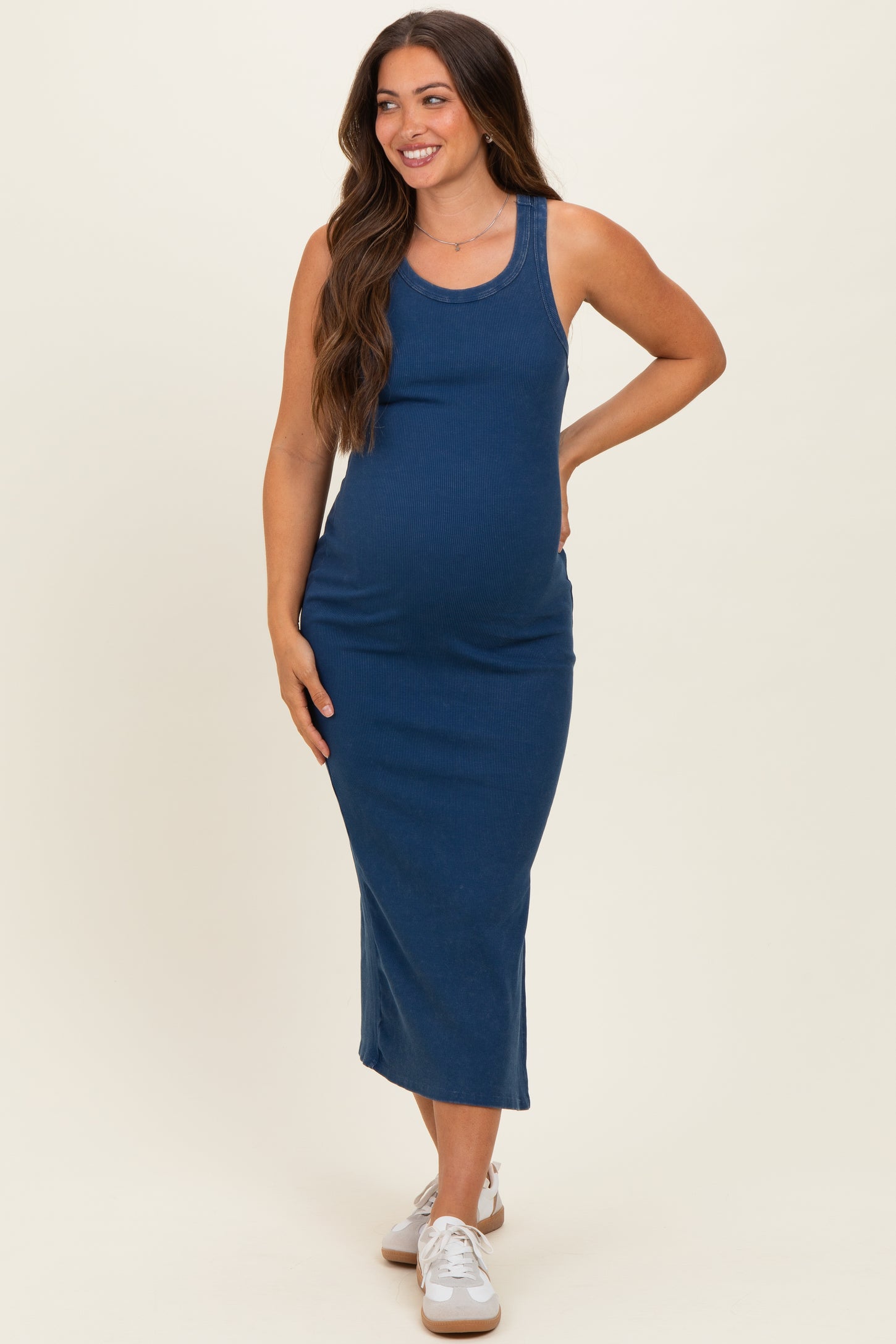 Navy Acid Washed Ribbed Maternity Midi Tank Dress – PinkBlush