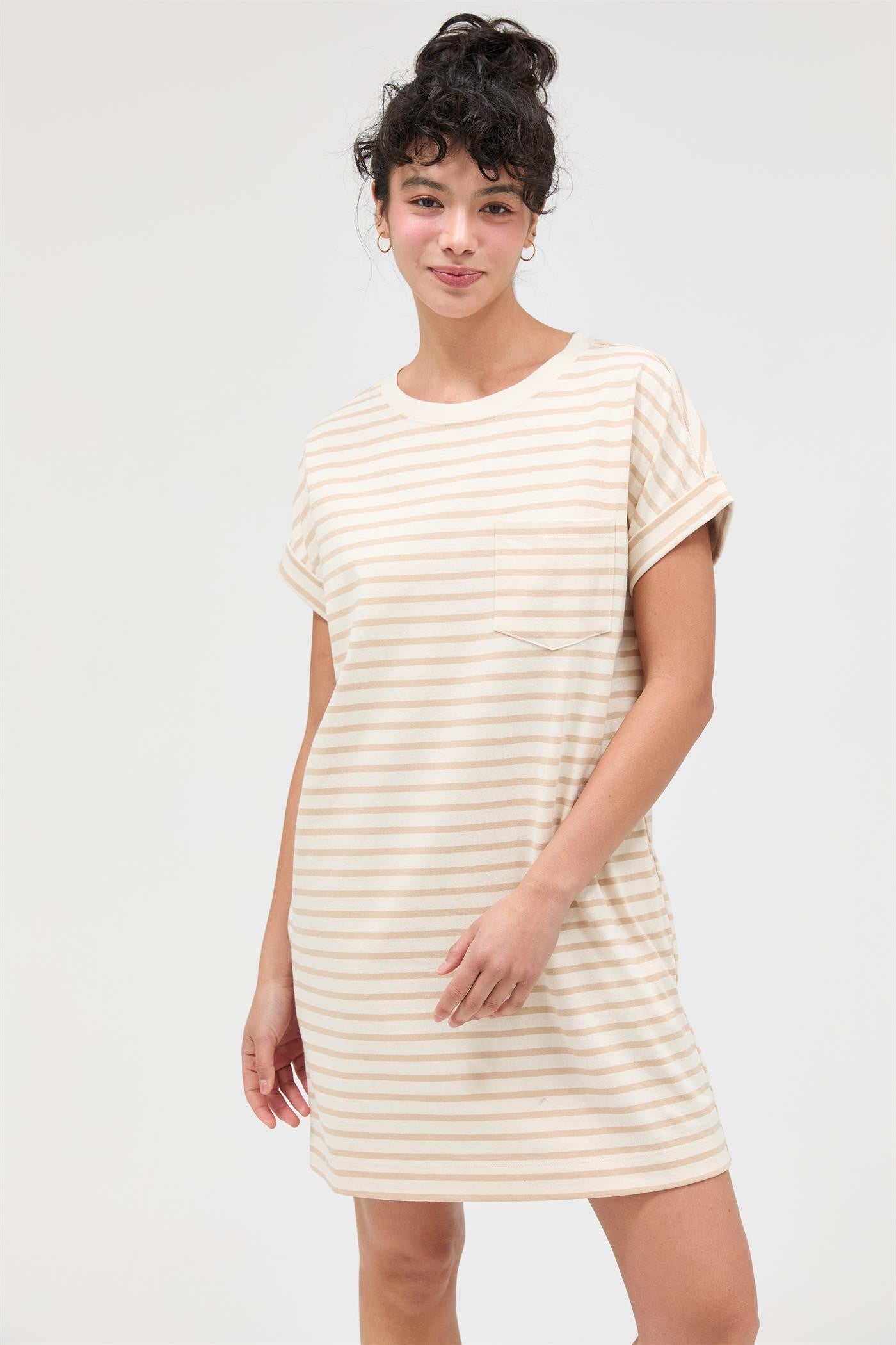 Taupe Striped Maternity T-Shirt Mini Dress