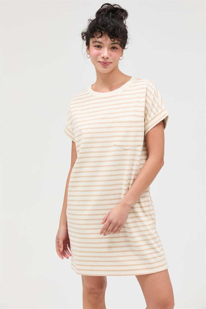 Taupe Striped Maternity T-Shirt Mini Dress