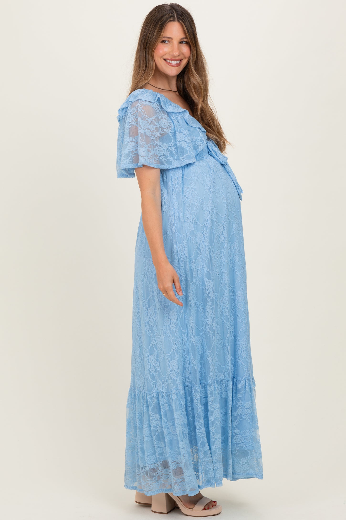 maternity tiered maxi dress Hjtefg Gyujnb Lightweight Flowy Boho Maternity Tiered Maxi Dress Off Shoulder Ruffle Neck Long Bubble Flare Sleeve Smocked High Waist Elegant Gown for