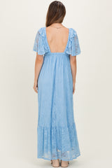 Light Blue Lace Flutter Sleeve Tiered Maternity Maxi Dress