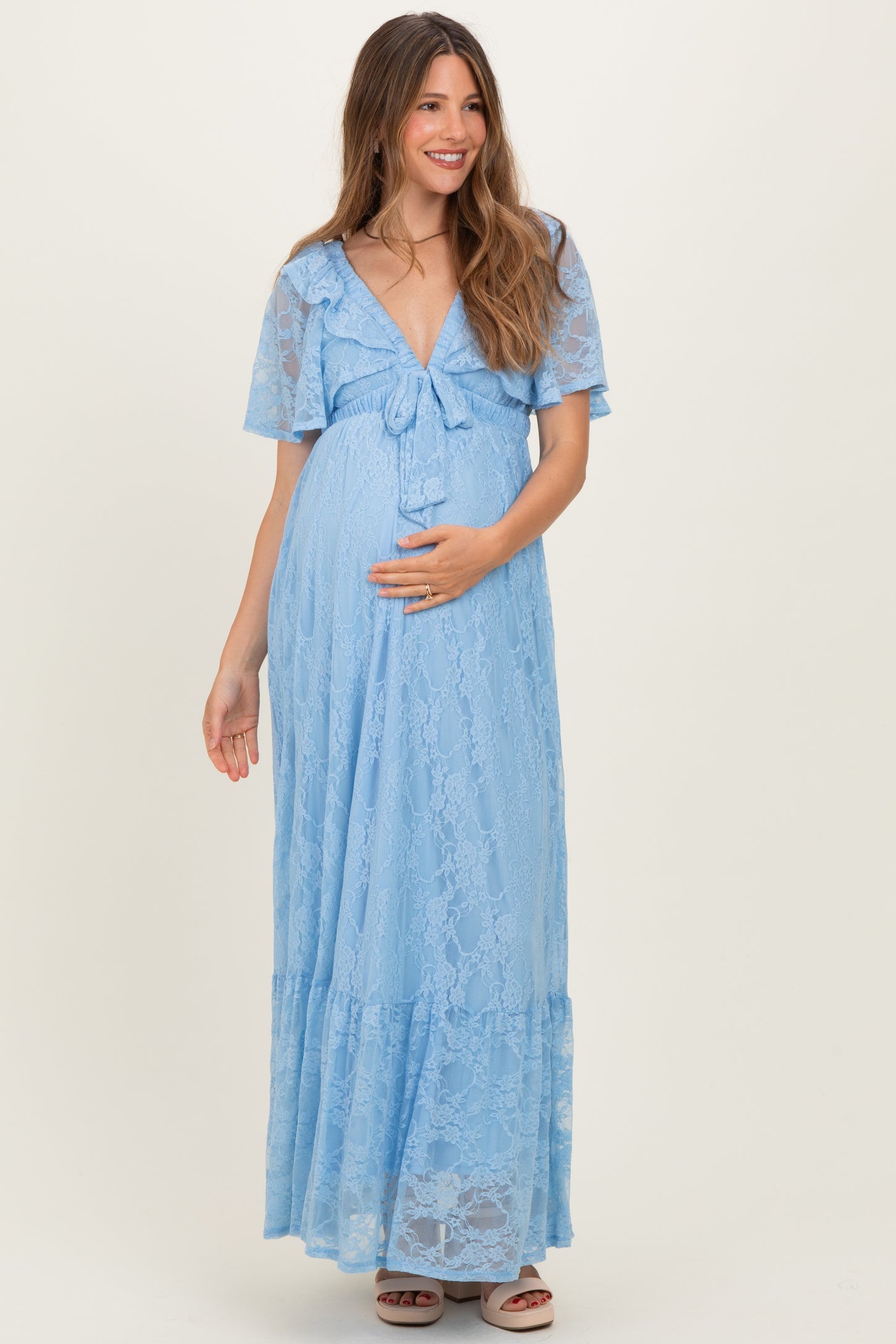 Light Blue Lace Flutter Sleeve Tiered Maternity Maxi Dress Light Blue Lace Flutter Sleeve Tiered Maternity Maxi Dress