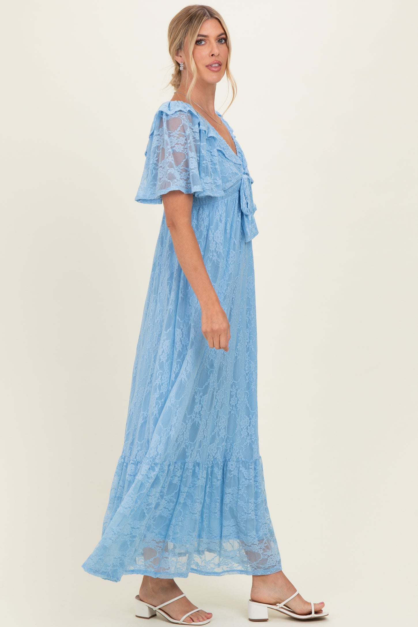 Light Blue Lace Flutter Sleeve Tiered Maxi Dress – PinkBlush
