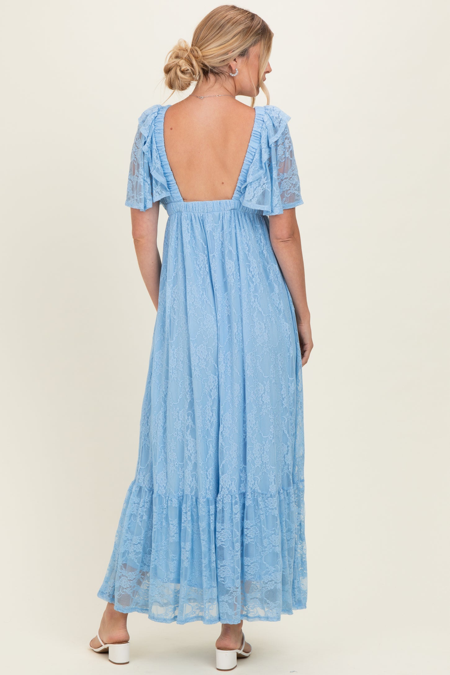 Light Blue Lace Flutter Sleeve Tiered Maxi Dress