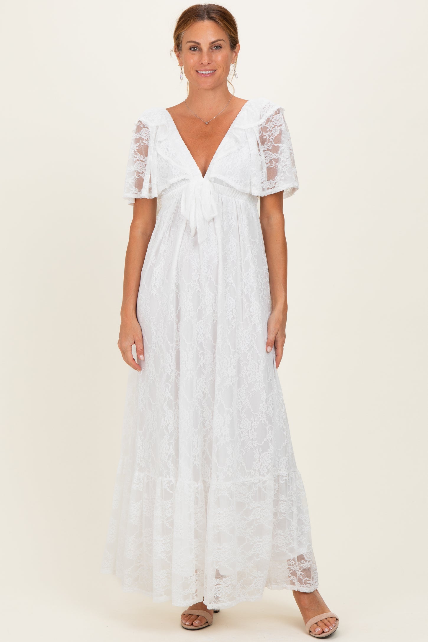 Ivory Lace Flutter Sleeve Tiered Maxi Dress Ivory Lace Flutter Sleeve Tiered Maxi Dress
