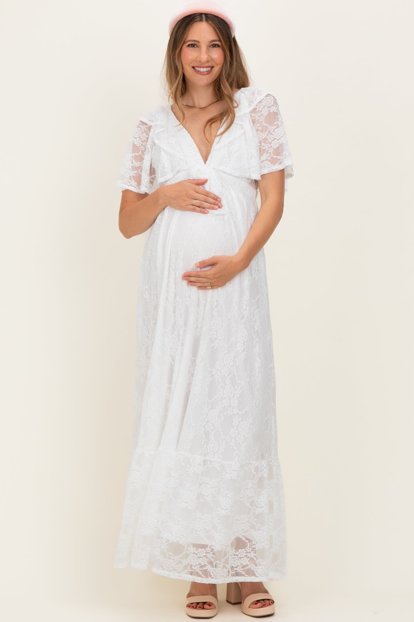 flutter sleeve dress maxi Ivory Lace Flutter Sleeve Tiered Maternity Maxi Dress