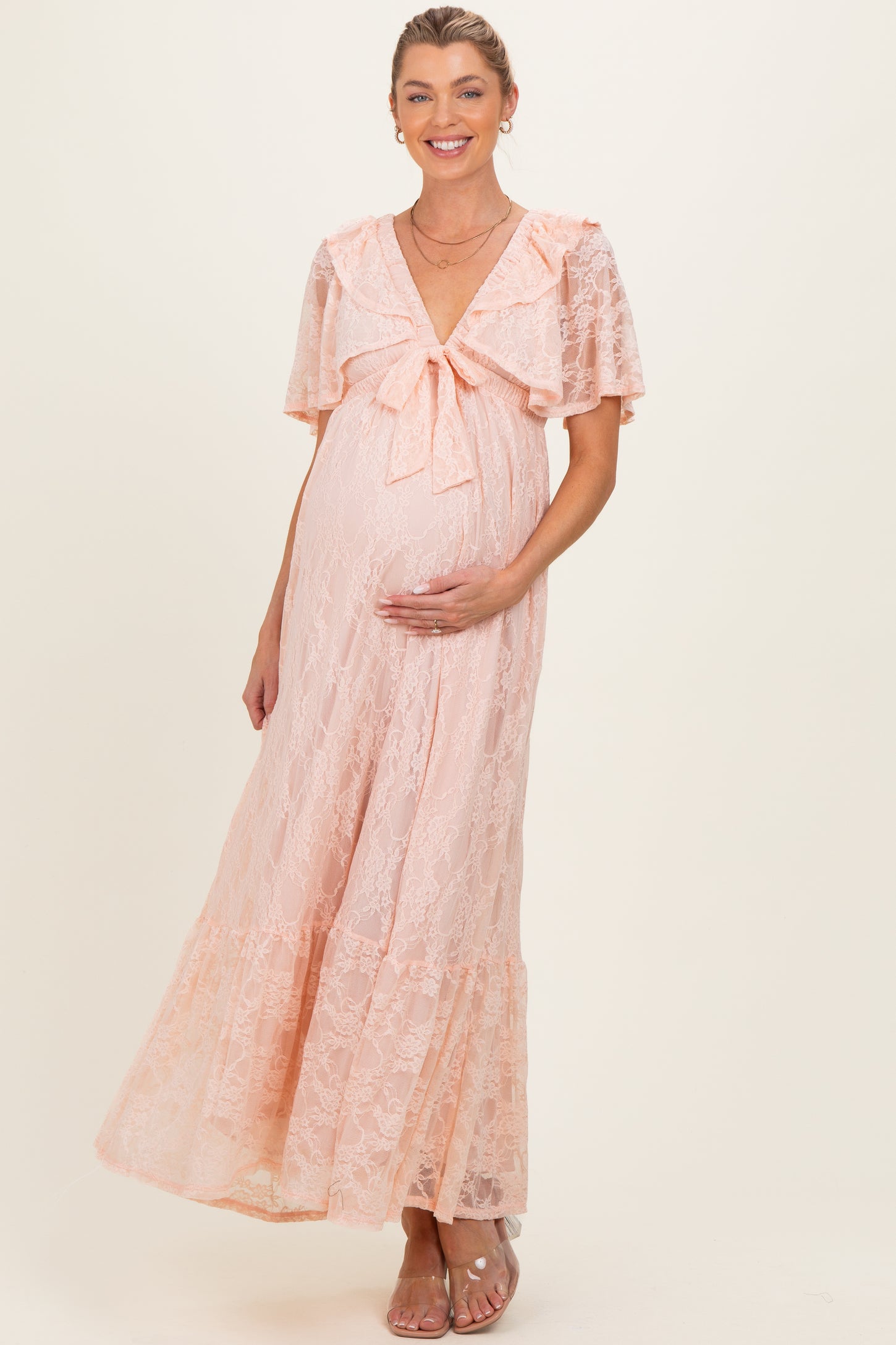 Peach Lace Flutter Sleeve Tiered Maternity Maxi Dress Peach Lace Flutter Sleeve Tiered Maternity Maxi Dress