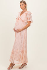 Peach Lace Flutter Sleeve Tiered Maternity Maxi Dress