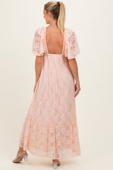 Peach Lace Flutter Sleeve Tiered Maternity Maxi Dress