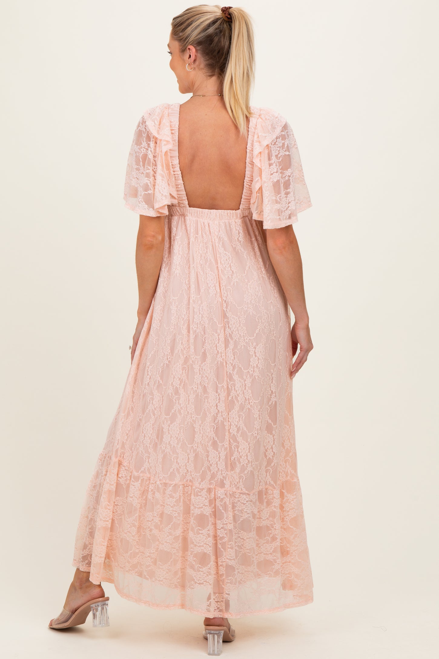 Peach Lace Flutter Sleeve Tiered Maternity Maxi Dress PinkBlush Peach Lace Flutter Sleeve Tiered Maternity Maxi Dress PinkBlush