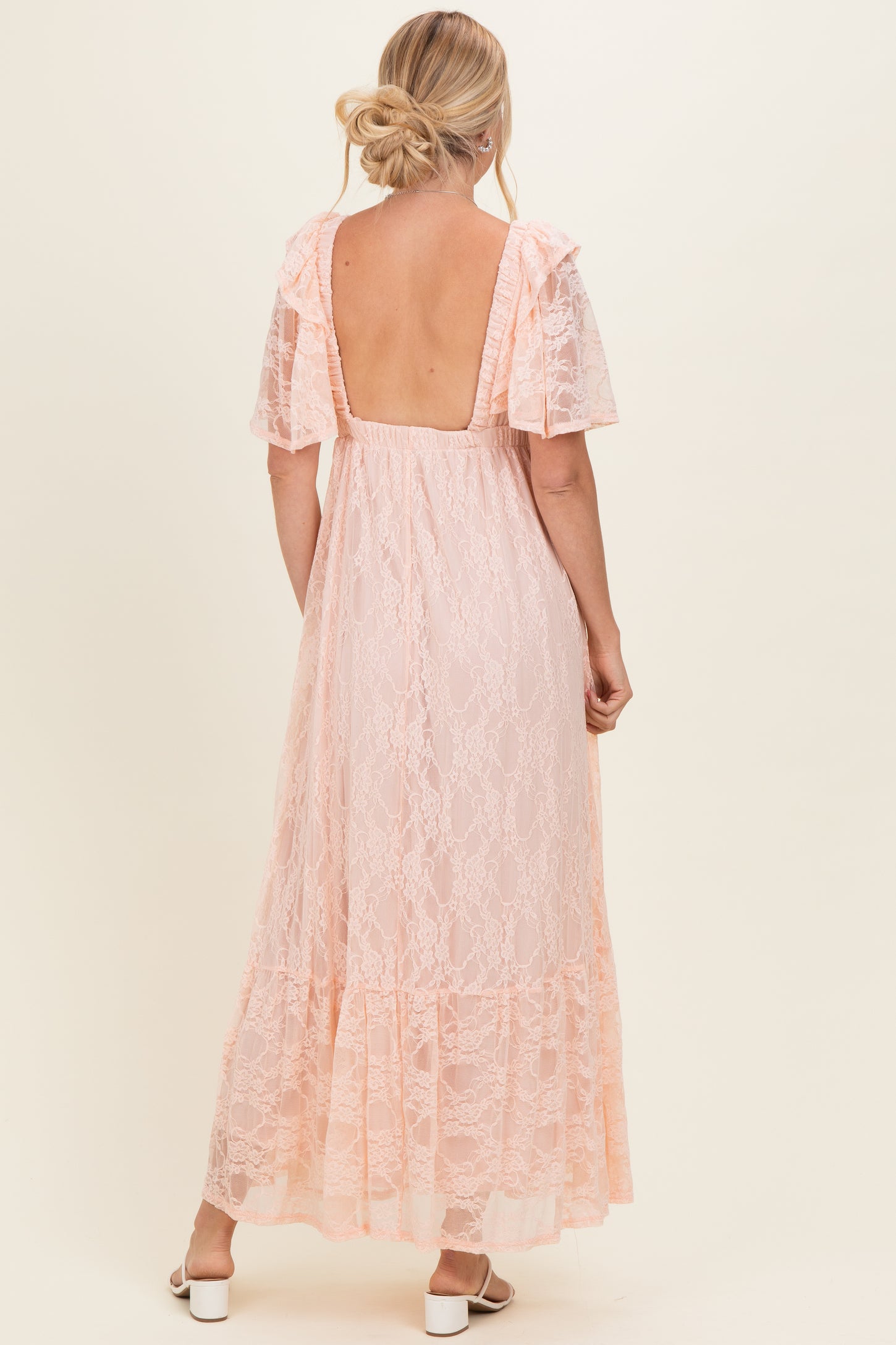 Peach Lace Flutter Sleeve Tiered Maxi Dress Peach Lace Flutter Sleeve Tiered Maxi Dress