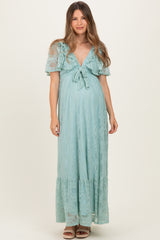 Sage Aqua Lace Flutter Sleeve Tiered Maternity Maxi Dress