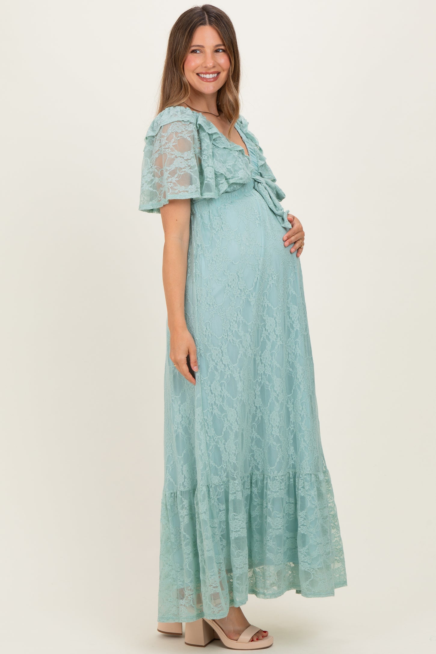 Sage Aqua Lace Flutter Sleeve Tiered Maternity Maxi Dress Sage Aqua Lace Flutter Sleeve Tiered Maternity Maxi Dress