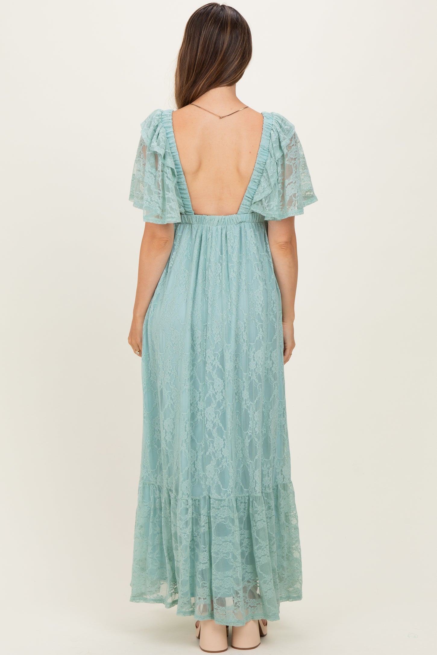 Sage Aqua Lace Flutter Sleeve Tiered Maternity Maxi Dress Sage Aqua Lace Flutter Sleeve Tiered Maternity Maxi Dress