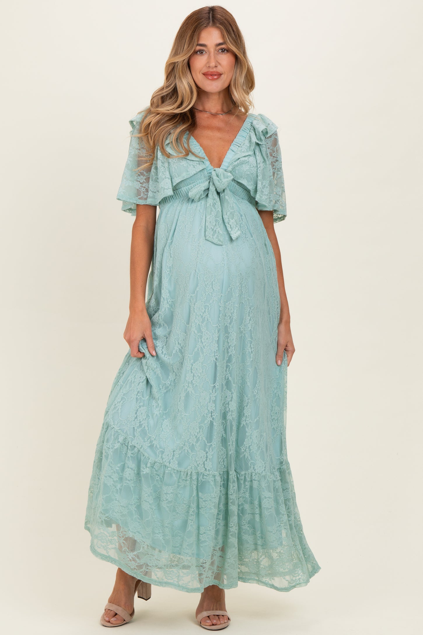 Sage Aqua Lace Flutter Sleeve Tiered Maternity Maxi Dress