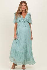 Sage Aqua Lace Flutter Sleeve Tiered Maternity Maxi Dress