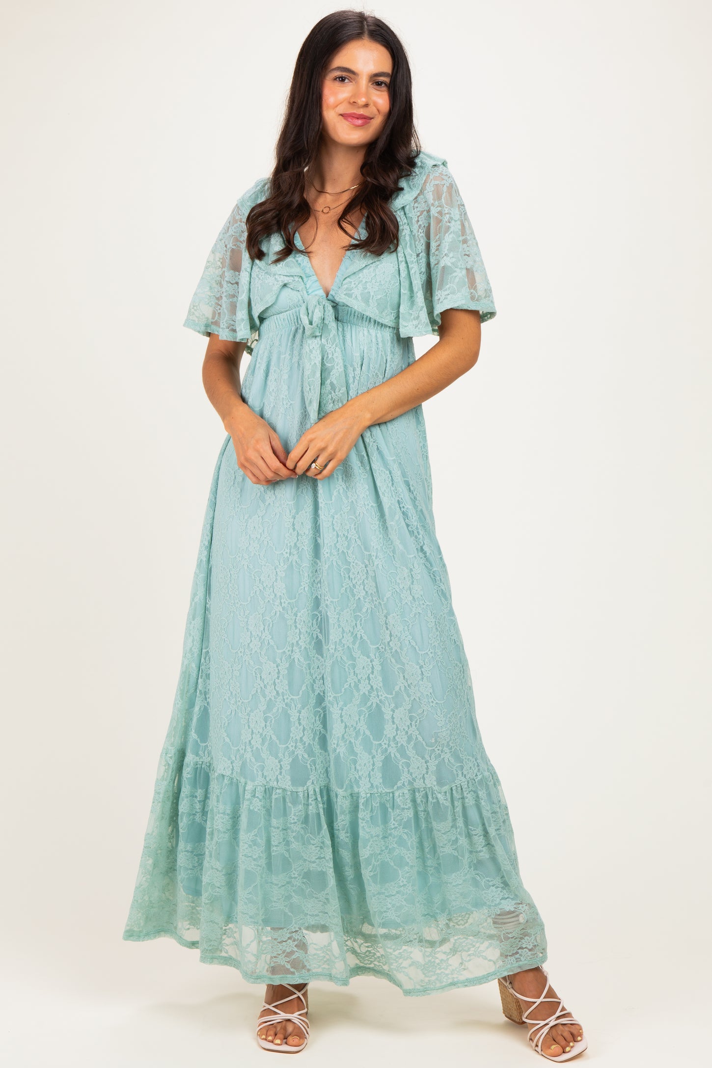 aqua flutter maxi dress Sage Lace Sleeve Tiered factory_200-patou-green this piece brings a Red Floral Pattern Long Color:Charcoal