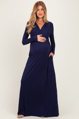 Navy Long Sleeve Maternity Nursing Maxi Dress