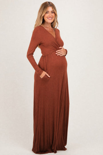Rust Long Sleeve Maternity Nursing Maxi Dress