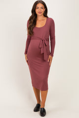 Burgundy Basic Square Neck Maternity Midi Dress