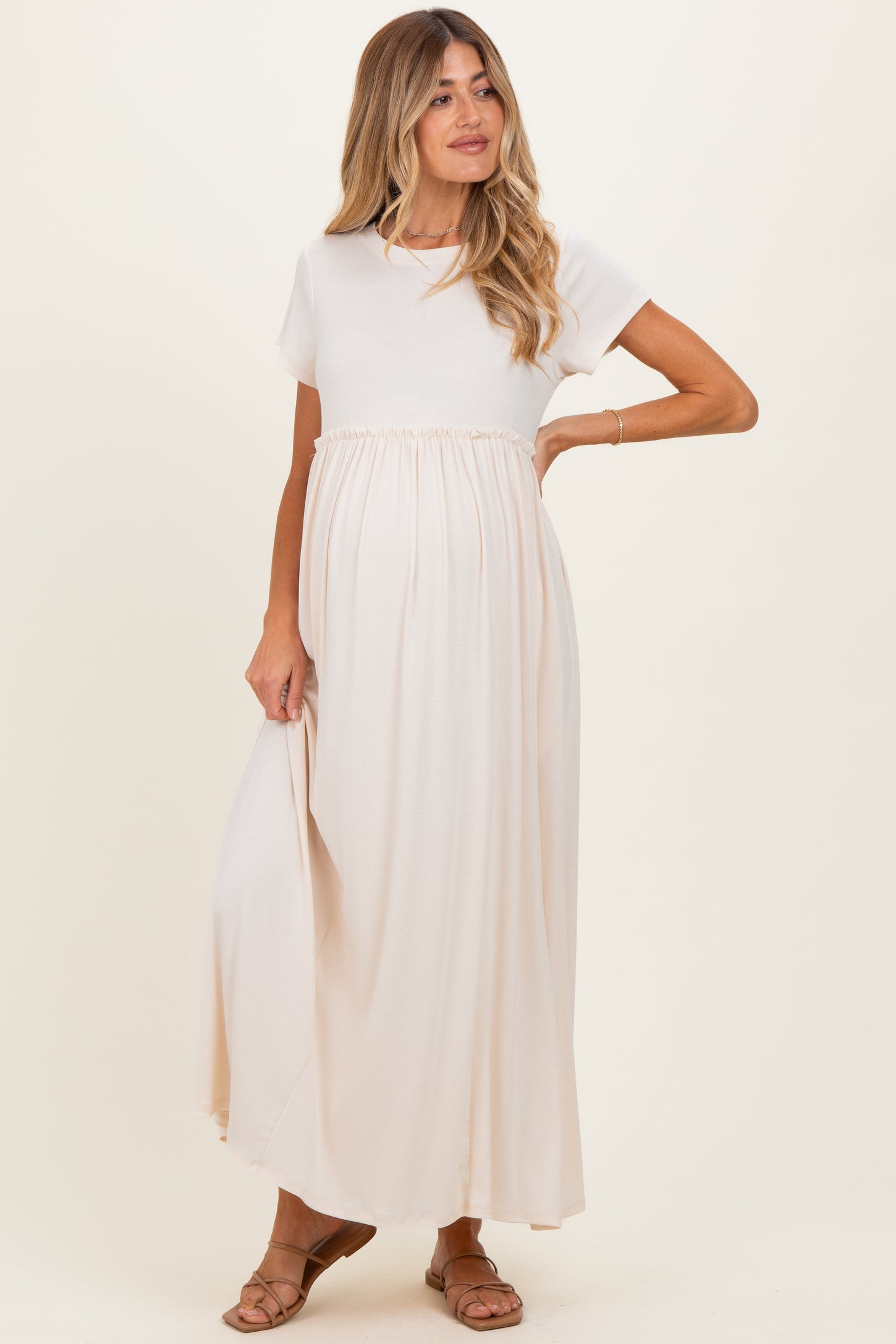 Soft White Ruffle Trim Maternity Maxi Dress