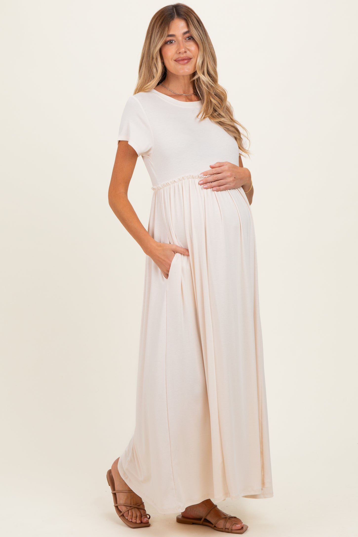 Soft White Ruffle Trim Maternity Maxi Dress