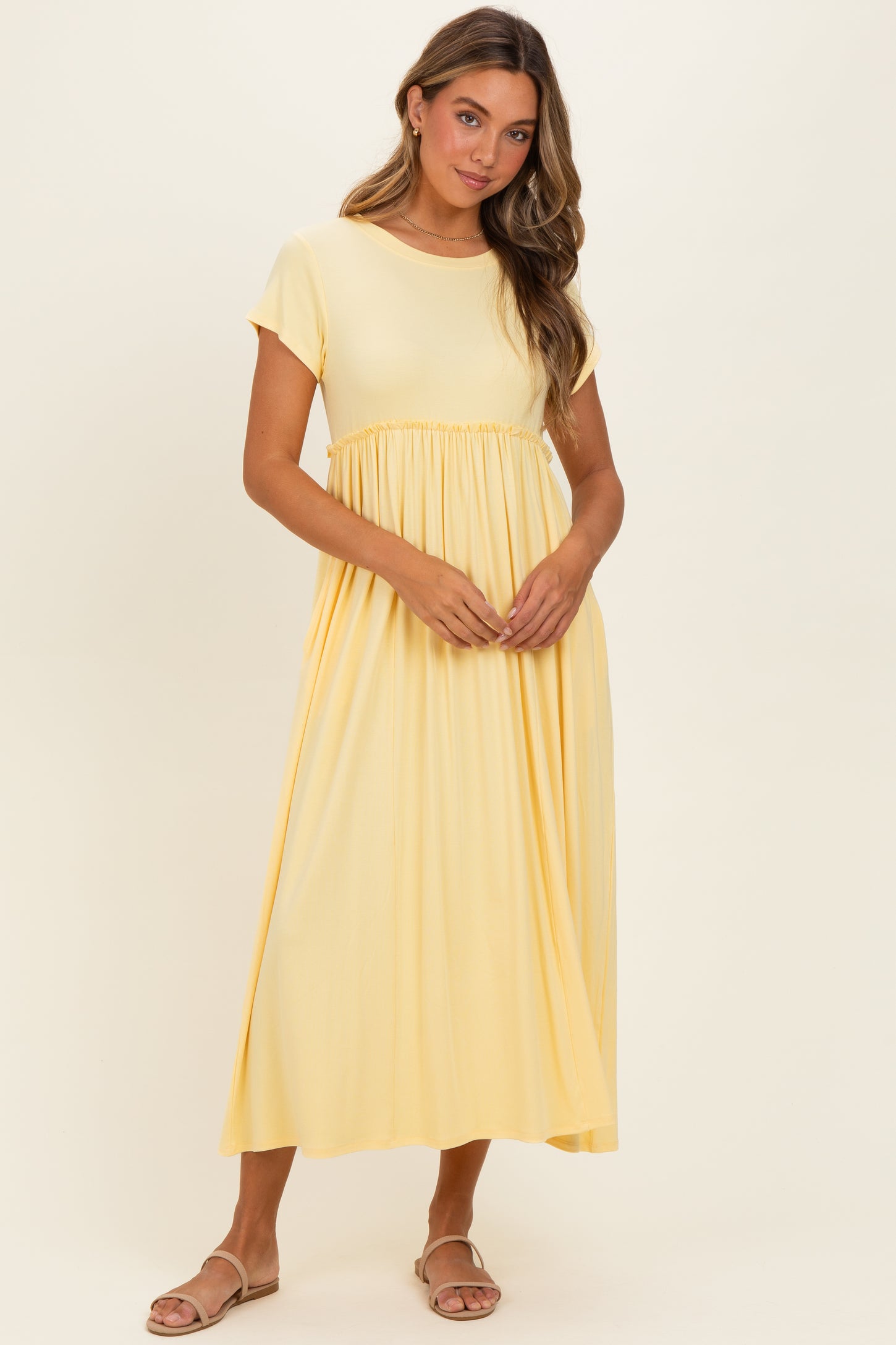 Soft Lemon Ruffle Trim Maternity Maxi Dress