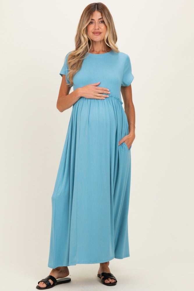 Capri Blue Ruffle Trim Maternity Maxi Dress