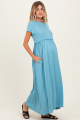 Capri Blue Ruffle Trim Maternity Maxi Dress