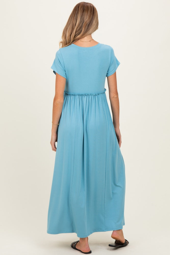 Capri Blue Ruffle Trim Maternity Maxi Dress