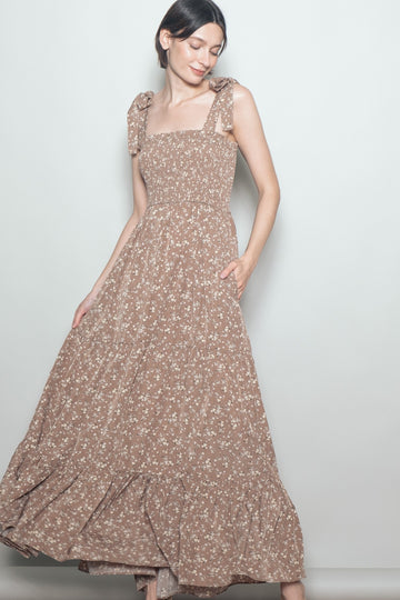 Mocha Floral Shoulder Tie Maxi Dress