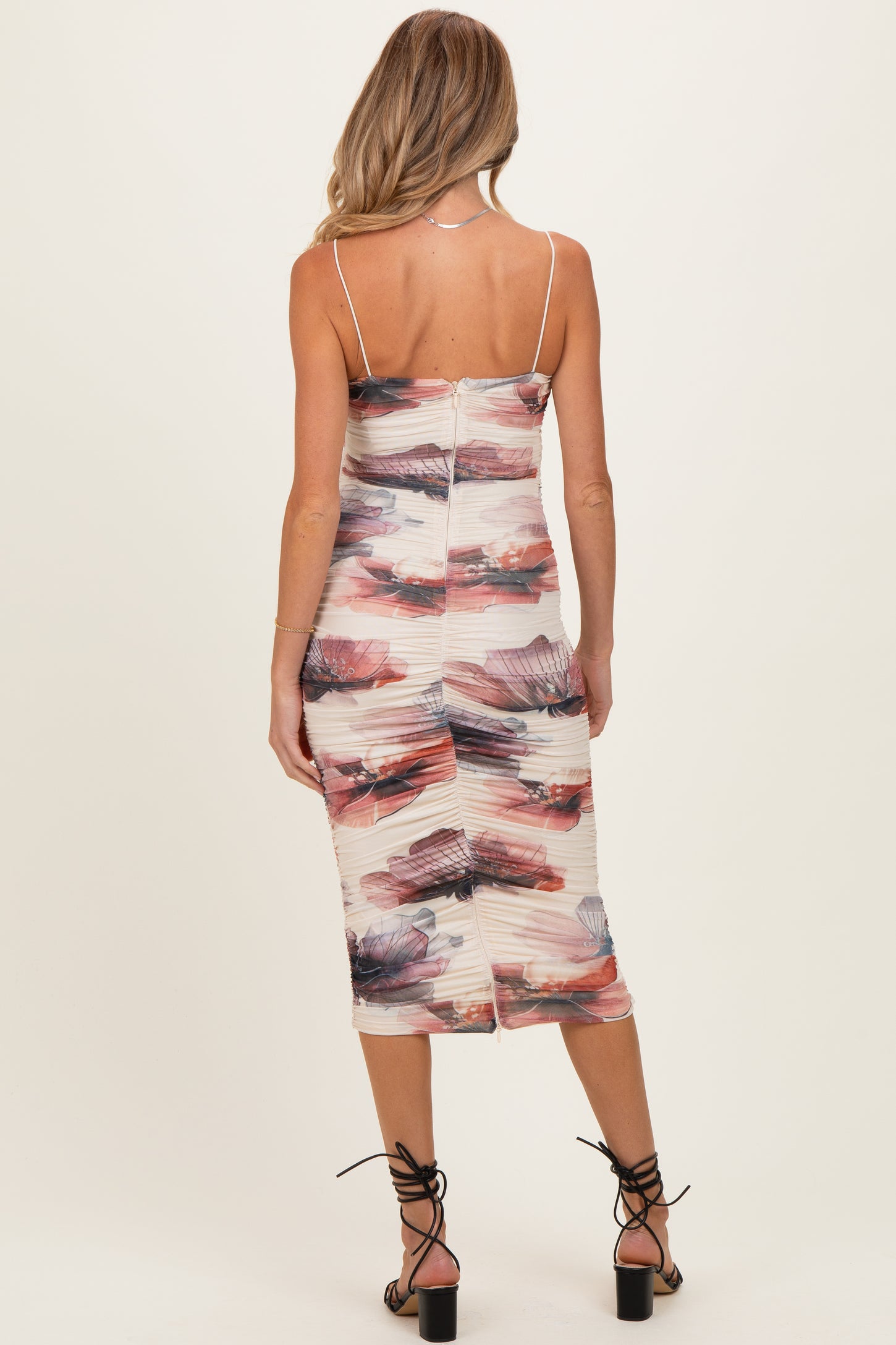 Cream Floral Mesh Fitted Maternity Midi Dress