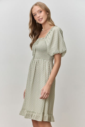 Sage Printed Smocked Ruffle Accent Dress