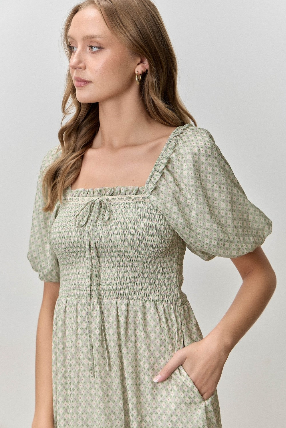 Sage Printed Smocked Ruffle Accent Dress