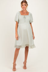 Sage Printed Smocked Ruffle Accent Maternity Dress