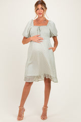 Sage Printed Smocked Ruffle Accent Maternity Dress