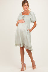 Sage Printed Smocked Ruffle Accent Maternity Dress