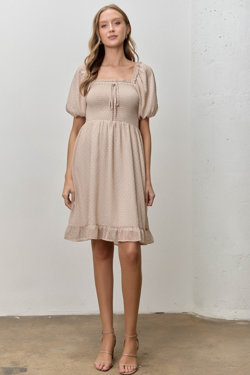 Light Taupe Printed Smocked Ruffle Accent Maternity Dress