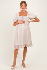 Light Taupe Printed Smocked Ruffle Accent Maternity Dress