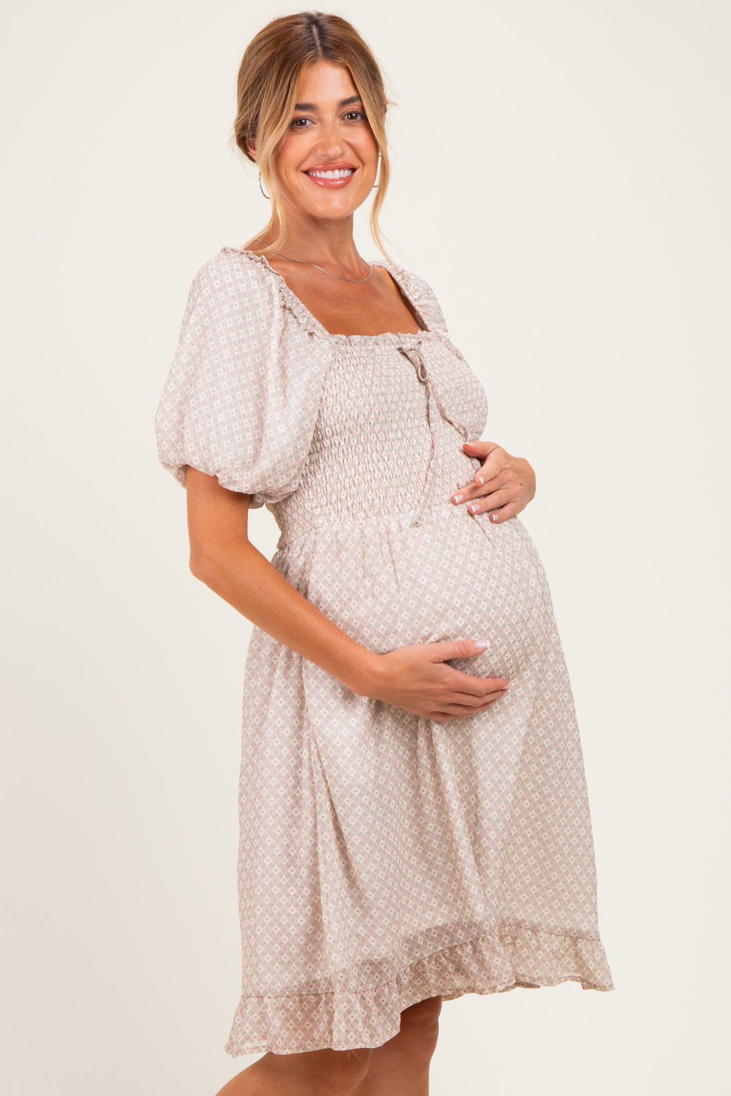Light Taupe Printed Smocked Ruffle Accent Maternity Dress