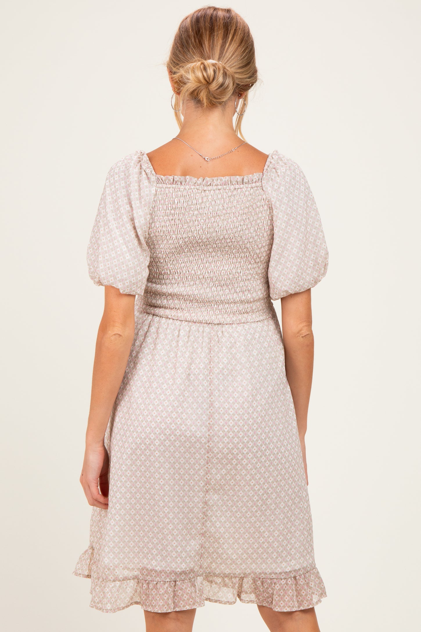 Light Taupe Printed Smocked Ruffle Accent Maternity Dress