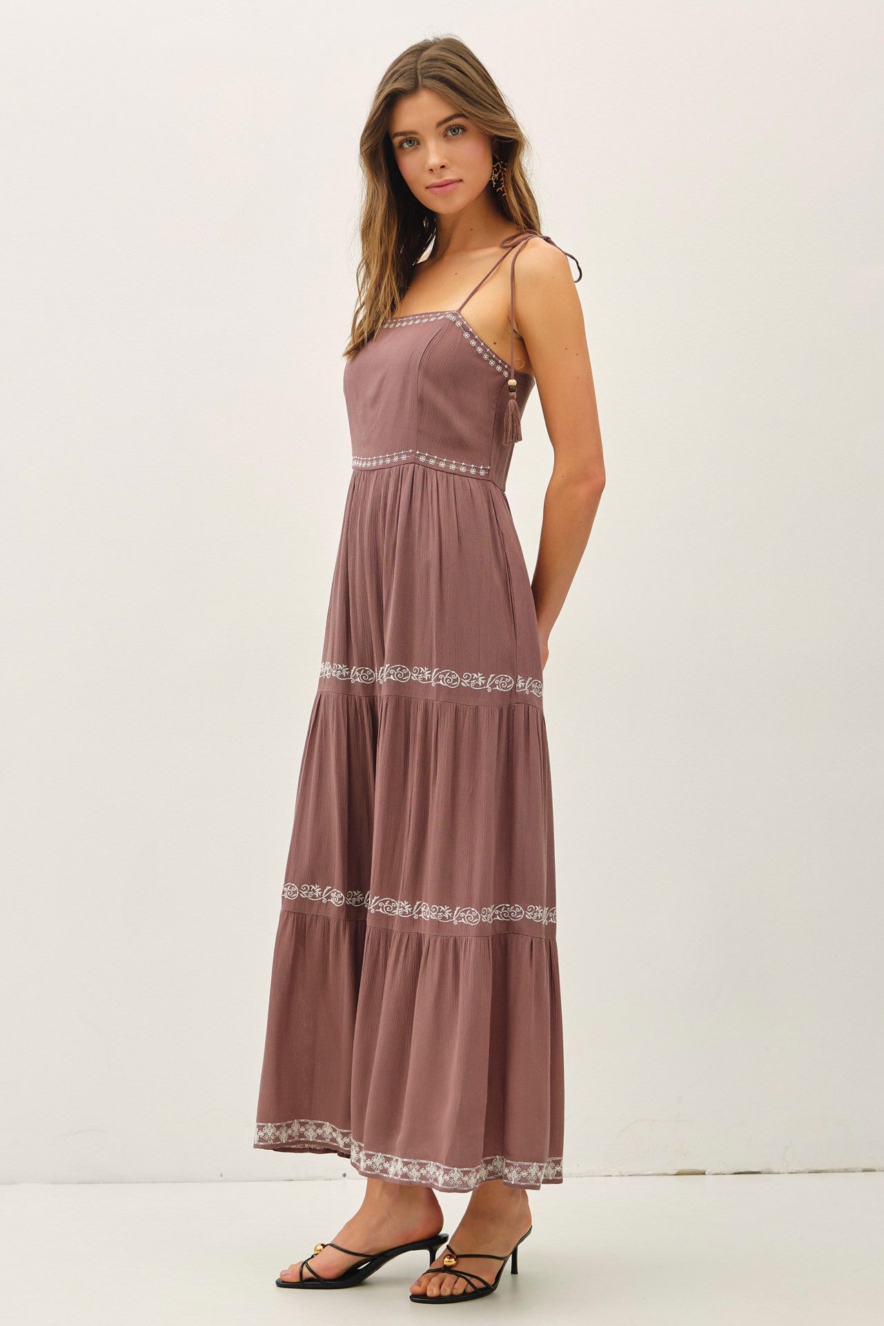 Brown Embroidered Tiered Maxi Dress
