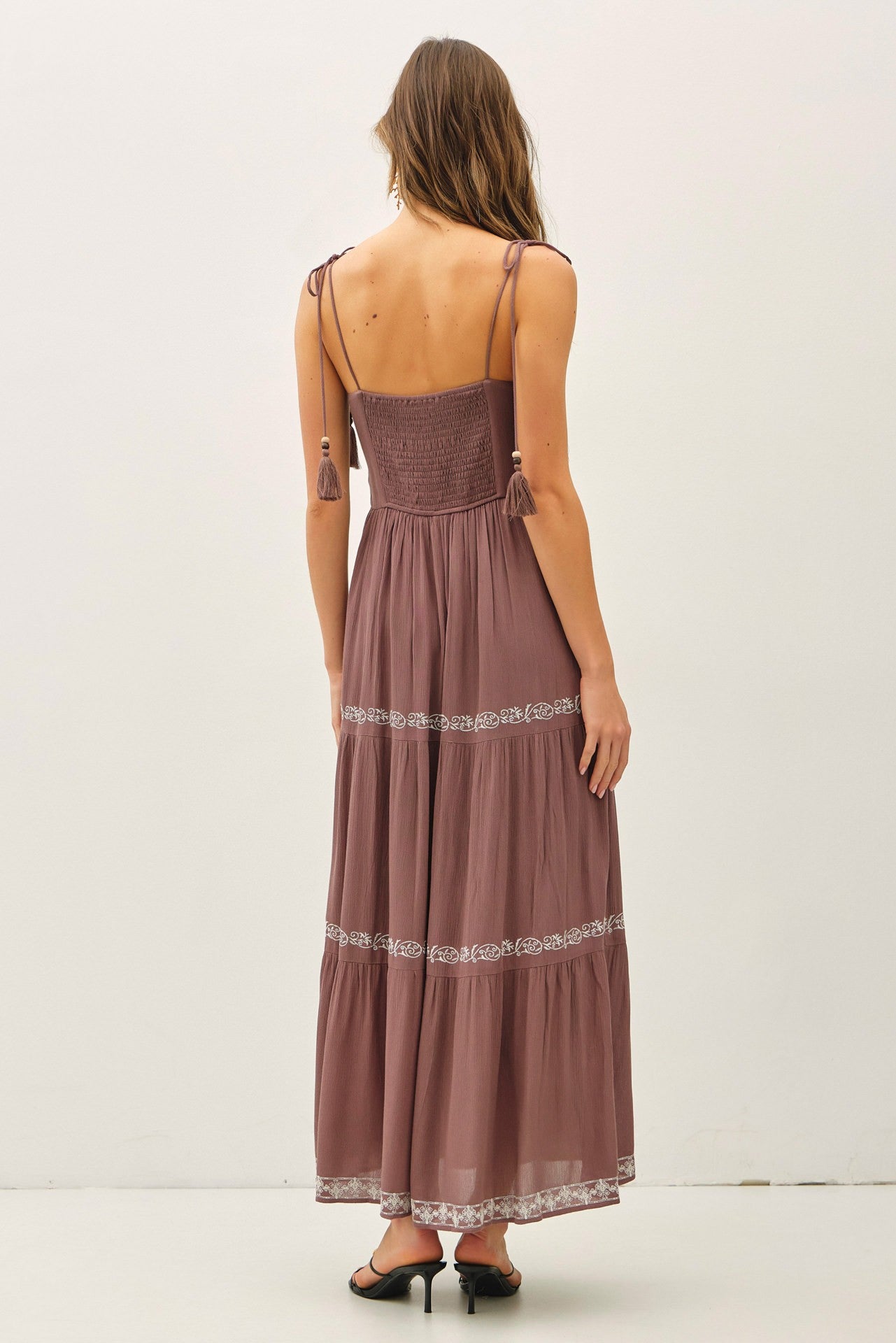 Brown Embroidered Tiered Maxi Dress
