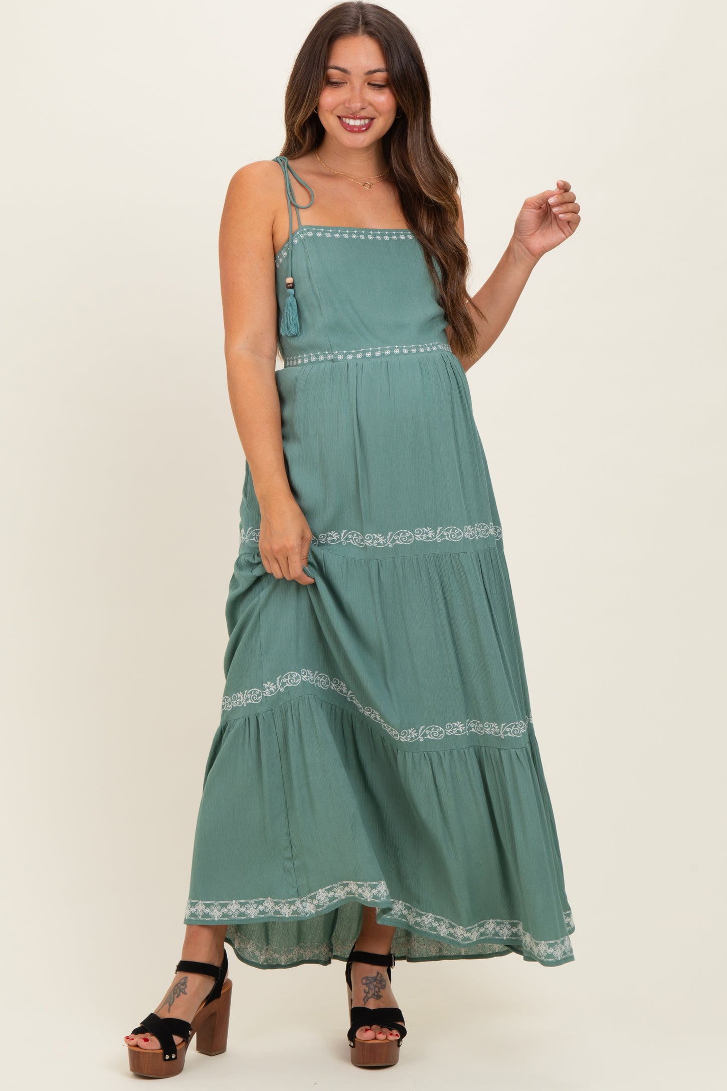 Jade Embroidered Tiered Maternity Maxi Dress PinkBlush Jade Embroidered Tiered Maternity Maxi Dress PinkBlush
