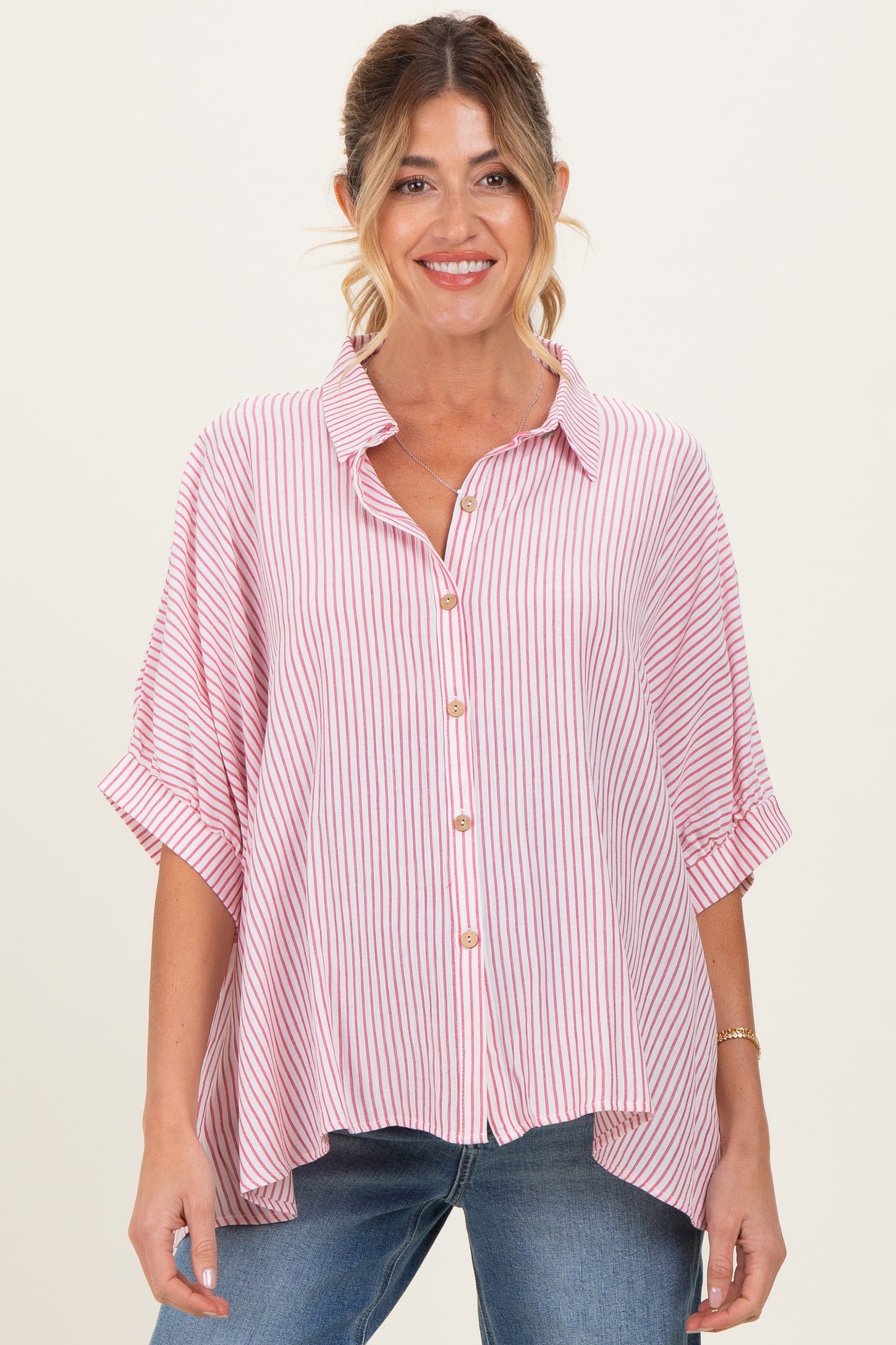 Red Striped Boxy Button Down Maternity Top