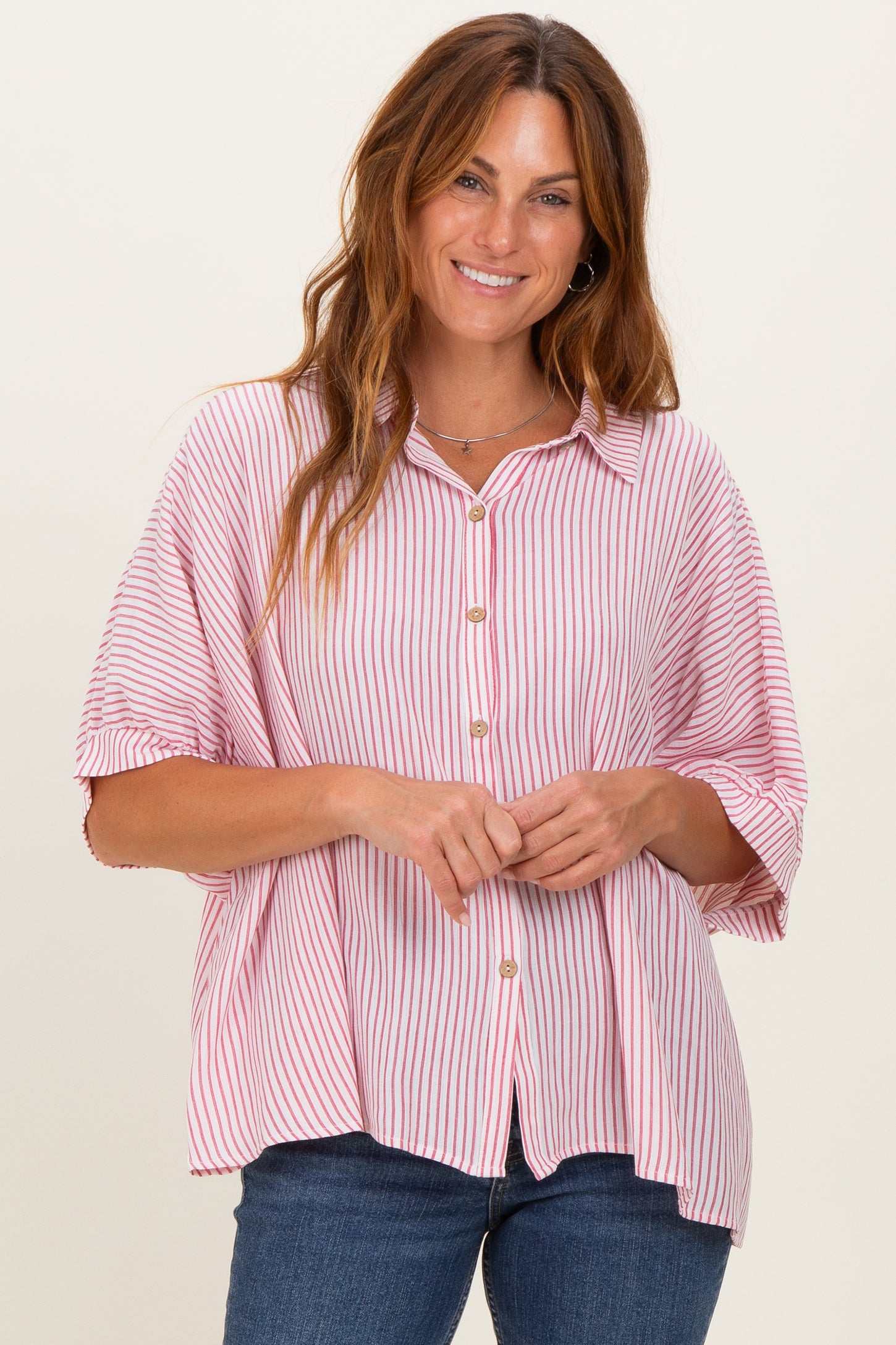 Red Striped Boxy Button Down Maternity Top